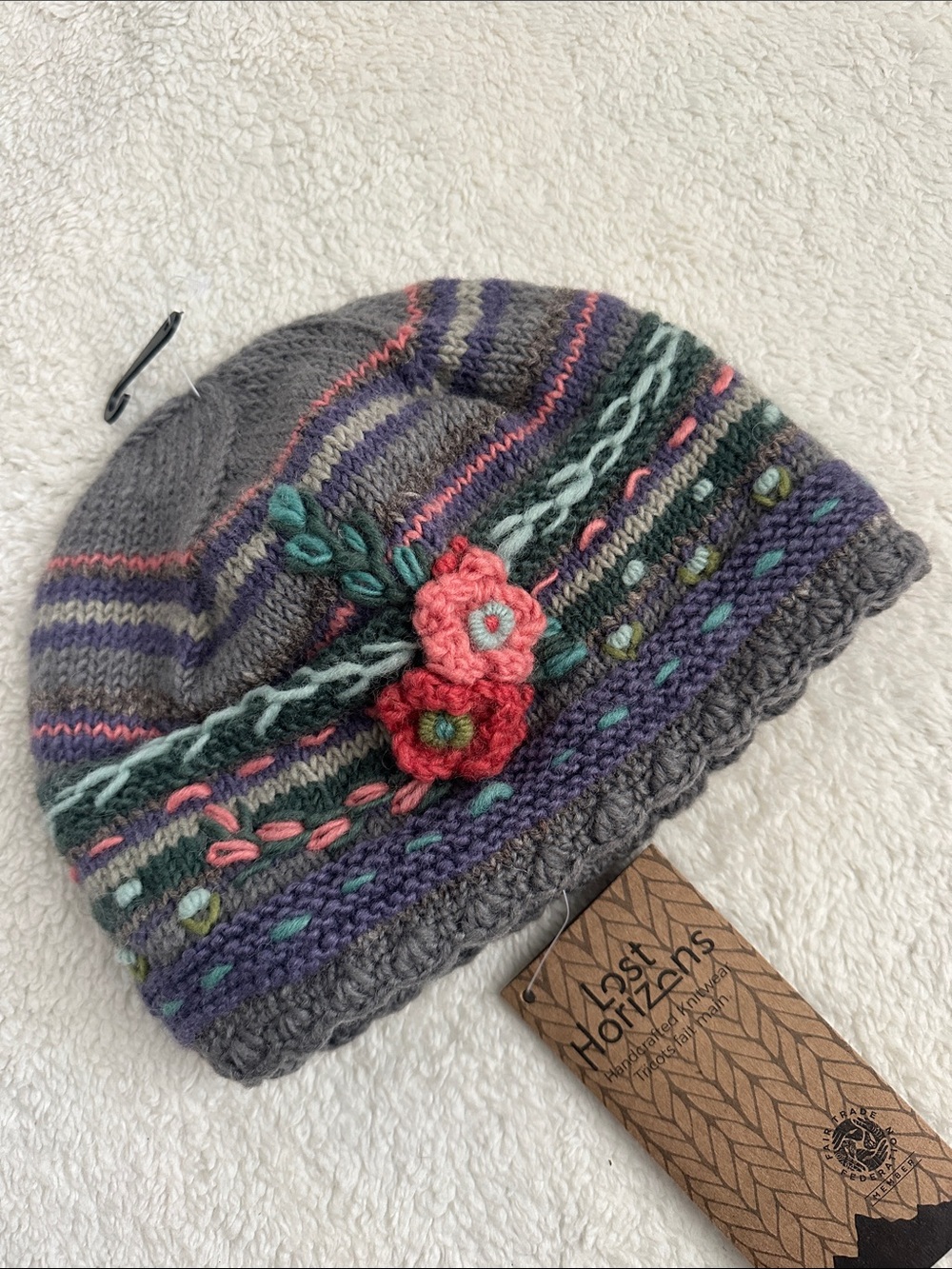 Lost Horizons Handmade Wool Crochet Fleece Lined Floral Hat Cottagecore Nepal